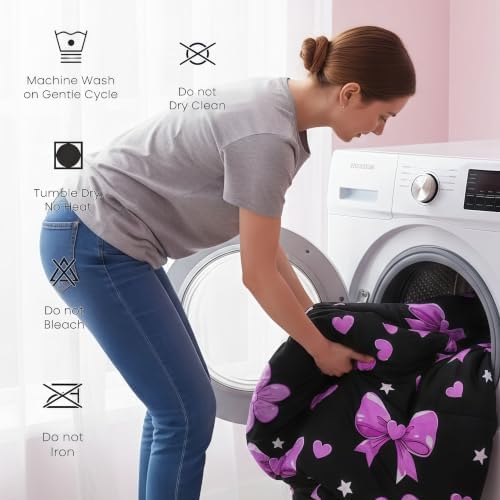 jejeloiu Bowknot Comforter Set Queen Size Bow Bedding Set for Kids Boys Girls Black Purple Duvet Quilt Cute Bow-tie Bedroom Decor Microfiber 3 Pcs with 2 Pillow Cases