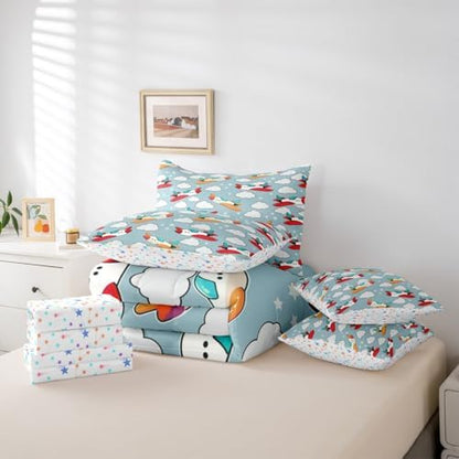 Erosebridal Cartoon Airplane Queen 7 Pcs Bedding Set for Kids, Cute Aircraft Comforter Set with Sheets for Boys Girls Child Teens Adults Bedroom, White Cloud Bed in A Bag, Star Print Bed Sets