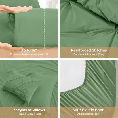 Sasttie King Size Comforter Set, 7-Piece Bed in a Bag, Pintuck Bedding Set for All Season, Includes Comforter, Flat Sheet, Fitted Sheet, Pillowcases and Pillowshams, Green