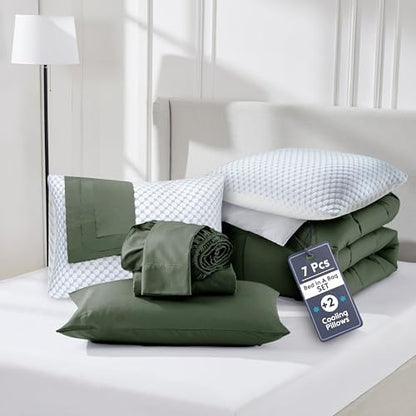 Nestl 9 Piece California King Comforter Set – Olive Green Reversible Bed in a Bag – Complete Cal King Size Bedding Set with Sheets, Set of 2 Cooling Pillows, Pillowcases and Shams