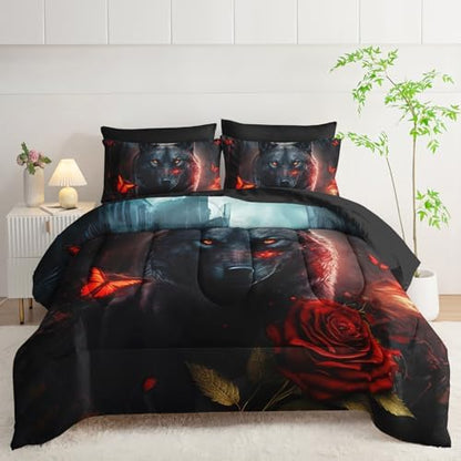 AILONEN Boys Wolf Comforter Set Queen,7-Piece Black Wolf Bed in a Bag Printed Bedding Set,Soft Comforter & Fitted Sheet & Flat Sheet & 2 Pillowcases,2 Pillow Shams