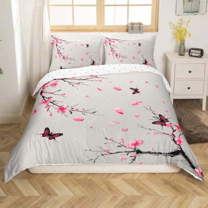 Feelyou Kids Cherry Blossoms Duvet Cover King Size Butterfly Bedding Set Boys Girls Japanese Style Comforter Cover Set Sakura Flower Floral Botanical Spring Bedspread Cover（No Comforter