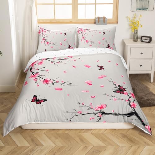 Feelyou Kids Cherry Blossoms Duvet Cover Toddler Butterfly Bedding Set Boys Girls Japanese Style Comforter Cover Set Sakura Flower Floral Botanical Spring Bedspread Cover（No Comforter