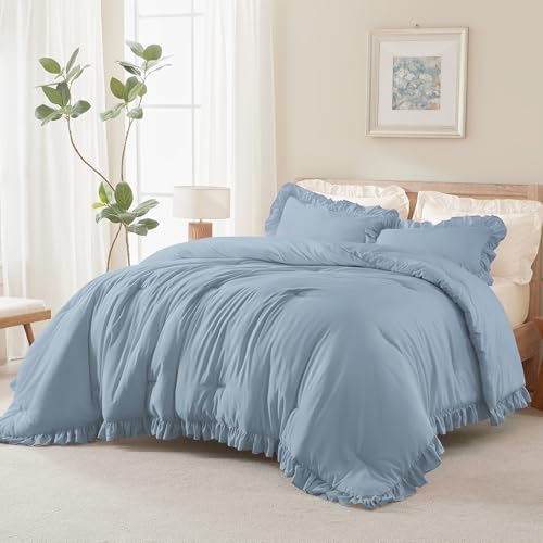 Andency Grayish Blue Queen Comforter Set, 3 Pcs Shabby Chic Bedding