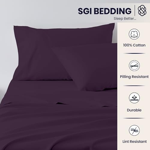 SGI Split King Sheet Set for Adjustable Bed Egyptian Premium Cotton Sheets for Sleep Number Bed 15" Deep Pocket 5 Pc Set with 2 Twin XL Fitted Sheets Soft Breathable - Plum