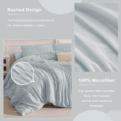 Masaca Oversized King Comforter 128x120,3 Pieces Ruched Light Blue Ruffle Comforter Set Lightweight Luxury Farmhouse Shabby Extra Large King Size Bedding for All Season