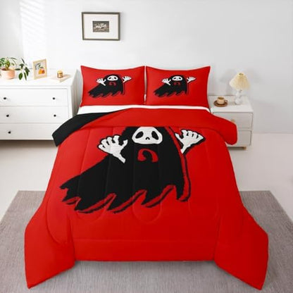 Manfei Cartoon Ghost Kids Comforter Set King Size,Happy Halloween Gothic Trippy Bedding Set,Girls Boys Room Decor,Western Holiday Before Christmas Quilt Comforter,Red Black Duvet Insert,2 Pillowcases