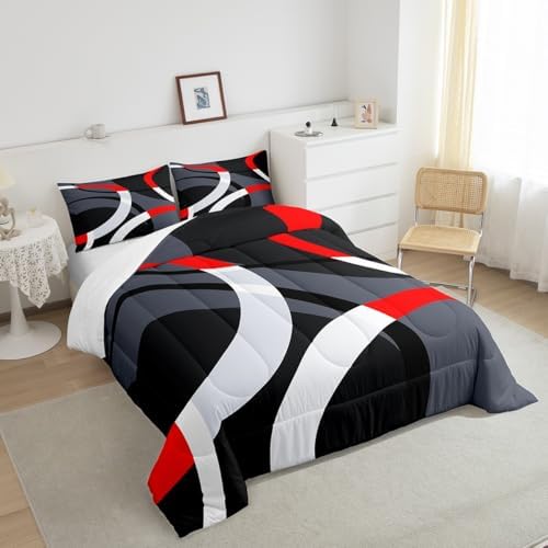 Feelyou Geometric Circle Comforter Set Red Grey and Black Comforter for Kids Boys Girls Teens Geometrics Bedding Set Breathable Abstract Art Duvet Set Modern Luxury Room Decor Quilt Set King Size