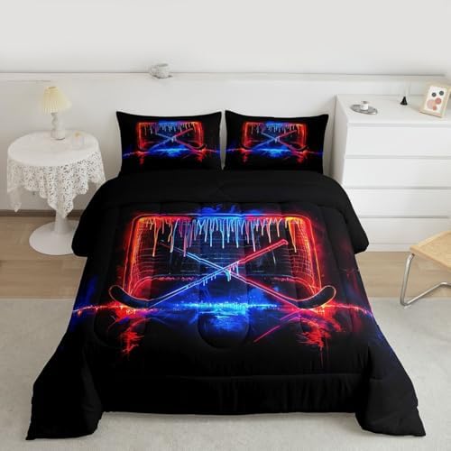 jejeloiu Ice Hockey Bedding Set Soft for Boys Girls, Ice Sports Games Comforter Set Toddler Size Hockey Player Duvet Quilt Microfiber Winter Sports Bedroom Decor 2 Pcs with 1 Pillow Cases