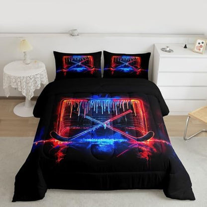 jejeloiu Ice Hockey Bedding Set Soft for Boys Girls, Ice Sports Games Comforter Set Toddler Size Hockey Player Duvet Quilt Microfiber Winter Sports Bedroom Decor 2 Pcs with 1 Pillow Cases