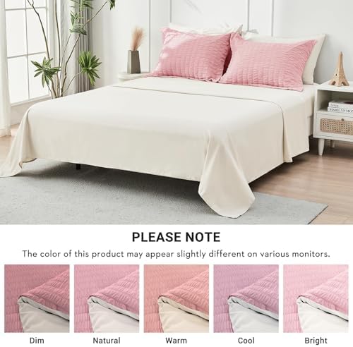 HYMOKEGE Pink/Ivory California King Comforter Set Seersucker 7 Pieces, All Season Luxury Bed in a Bag for Bedroom, Bedding Set with Comforter, Sheets, Pillowcases & Shams