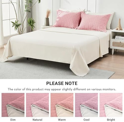 HYMOKEGE Pink/Ivory California King Comforter Set Seersucker 7 Pieces, All Season Luxury Bed in a Bag for Bedroom, Bedding Set with Comforter, Sheets, Pillowcases & Shams