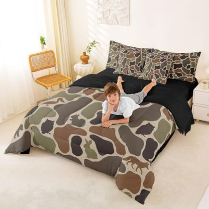 Erosebridal Bear Owl 7 Piece Bedding Set Twin Camo Comforter Set with Sheets Squirrel Rabbit Wolf Pelican Army Print Bed in a Bag Brown Farmhouse Camouflage for Kids Boys Girls