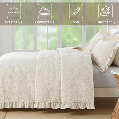 DJY Full Quilt Bedding Set Size, Ruffled Reversible Bedding Set, Beige
