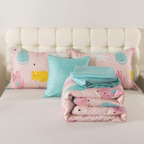 ADASMILE A & S 6Pcs Cat Comforter Twin for Girls Pink Cute Cats Bedding Set