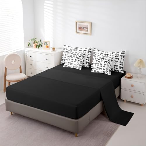 Erosebridal Cherry Bow Twin Comforter Set with Sheets, Black and White Bow Tie 7-Piece Bedding Set Silk Ribbon Bowknot Bed in a Bag, Dreamy Princess Room Decor,Girly Cute Room Decor Aesthetic Kawaii