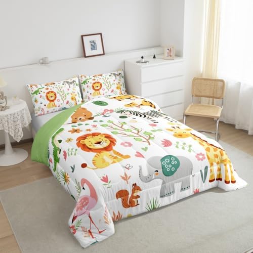 Feelyou Twin Size Cartoon Lions Giraffe Comforter Set Zoo Animals Bedding Set Flamingo Zebra Comforter for Kids Boys Girls Kawaii Animals Duvet Insert 2Pcs