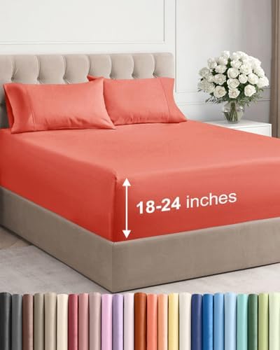 Extra Deep King Sheet Set - 4 Piece Breathable & Cooling Bed Sheets - Coral