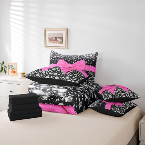 Hot Pink Bowknot Bed in a Bag King Size Comforter Set 7 Pieces,Cute Bow Knot Sheet Set,Kawaii Silk Ribbon Bedding Set,Glitter Sequin Print Diamond Bed Set Dreamy Princess Style Hot Pink Dorm Decor