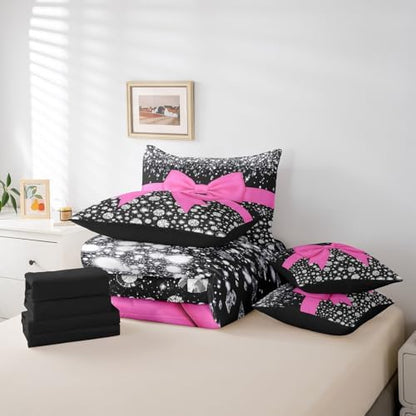 Hot Pink Bowknot Bed in a Bag King Size Comforter Set 7 Pieces,Cute Bow Knot Sheet Set,Kawaii Silk Ribbon Bedding Set,Glitter Sequin Print Diamond Bed Set Dreamy Princess Style Hot Pink Dorm Decor