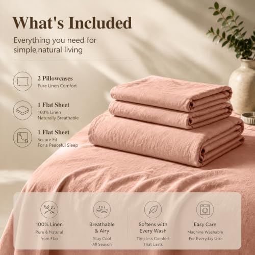 MEISHANG 100% French Linen Sheets Queen,4 Pcs,16" Deep Pocket
