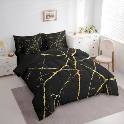 Erosebridal Black Gold Marble King Bed in A Bag 7 Piece Marbling Crack Print Comforter Set with Sheets Abstract Metallic Texture Bedding Sets for Kids Adults,Modern Marble Aesthetic Bed Set