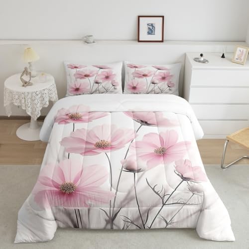 jejeloiu Floral Flower Comforter Set Queen Size Kids Pink Wildflower Bedding Set for Boys Girls Teens Botanical Duvet Breathable Minimalist Aesthetics Quilt Bedroom Decor,1 Comforter with 2 Pillowcase