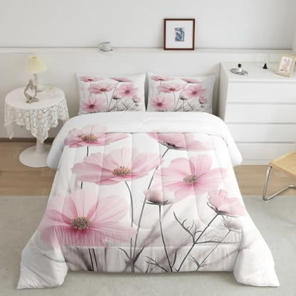 jejeloiu Floral Flower Comforter Set Queen Size Kids Pink Wildflower Bedding Set for Boys Girls Teens Botanical Duvet Breathable Minimalist Aesthetics Quilt Bedroom Decor,1 Comforter with 2 Pillowcase
