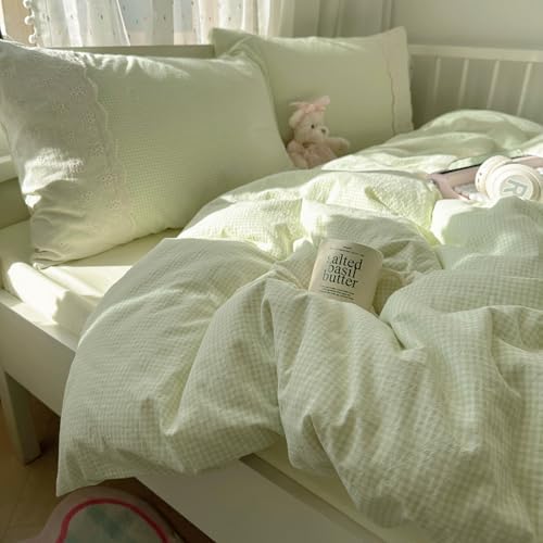 mixinni Green White Gingham Duvet Cover Twin XL Size - 3 Piece Cottagecore Plaid Bedding Set with Lace Trim, Soft Washed Microfiber Vintage Aesthetic Grid Comforter Cover & Pillow Shams