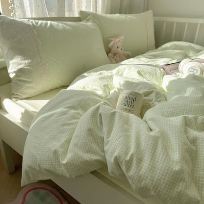 mixinni Green White Gingham Duvet Cover Twin XL Size - 3 Piece Cottagecore Plaid Bedding Set with Lace Trim, Soft Washed Microfiber Vintage Aesthetic Grid Comforter Cover & Pillow Shams