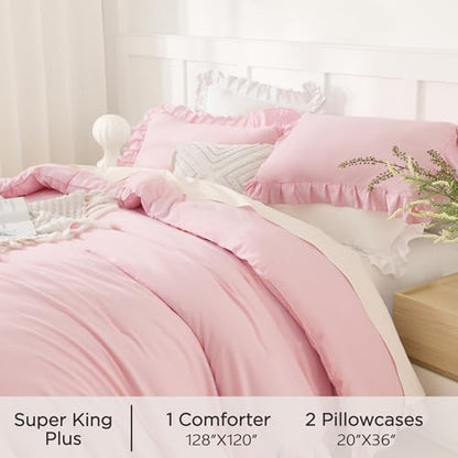 Andency Oversized King Comforter Set, 3 Pcs Pink Ruffle Chic Bedding Set