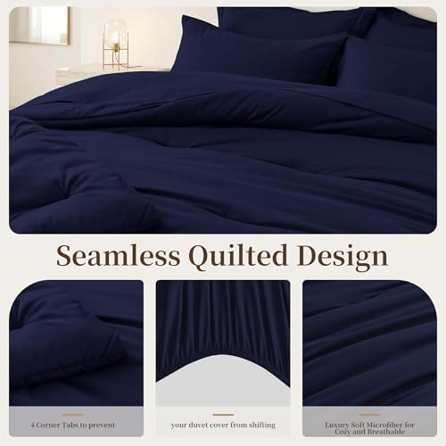 California King Comforter Set 7 Pieces - Ultra-Soft Bed in a Bag, Cozy Luxury All Season Bedding Sets with Comforter, Flat Sheet, Fitted Sheet, 2 Pillow Shams & 2 Pillowcases, Navy Blue