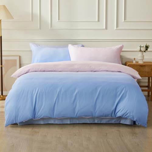 SAPHREAS Queen Size Duvet Cover Blue Pink Gradient Bedding Set with 8 Corner Ties and 2 Pillow Sham Microfiber Reversible Duvet Cover Set with Zipper Closure
