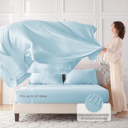 MUXHOMO 7 Pieces Oversized Queen Comforter Set, Seersucker Bed in a Bag Oversized Queen Size, All Season Luxury Bedding Set with Comforter, Flat Sheet, Fitted Sheet, Pillowcases & Shams, Lake Blue