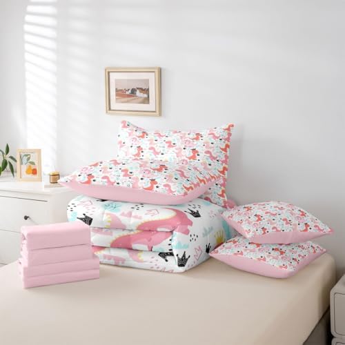 Feelyou Pink Dinosaur 7 Piece Bedding Set Cute Dinosaur Comforter Set with Sheets for Kids Boys Girls Crown Print Bed in a Bag Kawaii Animal Bed Set Soft Lightweight