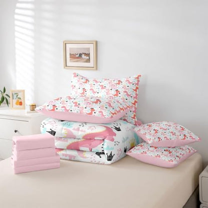 Feelyou Pink Dinosaur 7 Piece Bedding Set Cute Dinosaur Comforter Set with Sheets for Kids Boys Girls Crown Print Bed in a Bag Kawaii Animal Bed Set Soft Lightweight