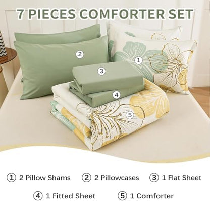 Luxudecor Sage Green Floral Comforter Set King Size, 7 Pieces Bed in a Bag Gold Glitter Metallic Comforter and Sheet Set, Soft Microfiber Complete Bedding Sets for All Seasons