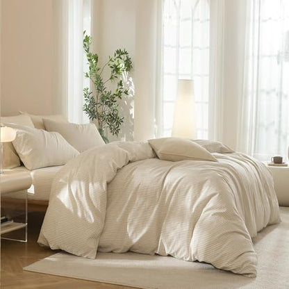 JIYUAN King Washed Cotton Duvet Cover Set, 3-Piece, Linen-Like Pinstripe