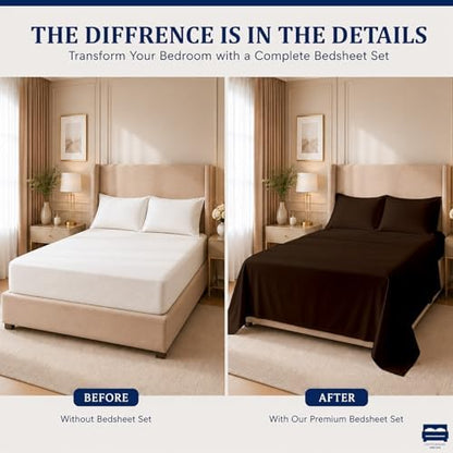 Cottingon 4 Piece Twin Sheets Fits 16" Deep, Egyptian Cotton, Chocolate