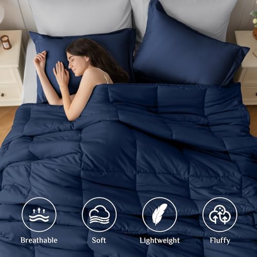 JOLLYVOGUE Oversized Queen Comforter Set, Ultra-Soft Bed in a Bag 7 Pieces, Oeko-TEX Certified Bedding Set with Down Alternative Comforter, Sheets, Pillowcases & Shams, Navy Blue & Light Grey