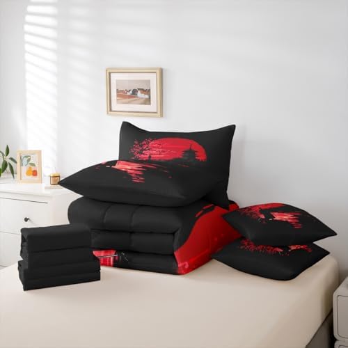Erosebridal Samurai Queen Comforter Set 7 Pieces, Sunset Bed in A Bag for Bedroom, Kids Boys Teens Men Japanese Bedding Set with Comforters, Sheets, Pillowcases Scenery Silhouette Bedroom Decor
