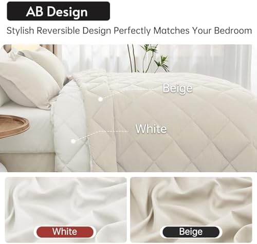 MUXHOMO 7 Pieces King Comforter Set, Reversible Bed in a Bag King Size, All Season Bedding Set with Comforter, Flat Sheet, Fitted Sheet, Pillowcases & Shams, Beige & White