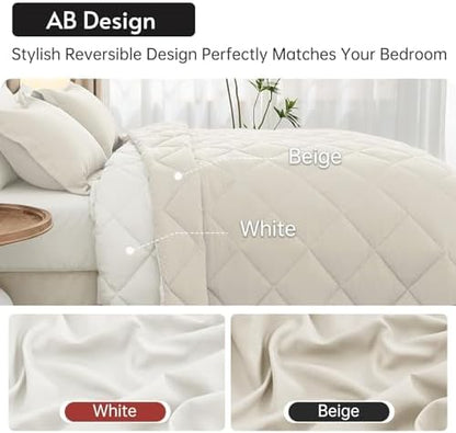 MUXHOMO 7 Pieces King Comforter Set, Reversible Bed in a Bag King Size, All Season Bedding Set with Comforter, Flat Sheet, Fitted Sheet, Pillowcases & Shams, Beige & White