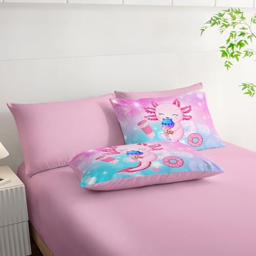 HOSIMA 7Pcs Axolotl Comforter Set Animal Bedding Room Decor for Teens,Dessert Milk Tea Donut with Cute Sheets Queen and Fitted Sheet Fantasy Blue Purple Queen Size Bed in a Bag with 4 Pillowcases.
