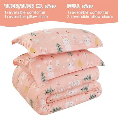Yibeizi Pink Bunny Kids Comforter Set for Girls Twin Cute Bedding