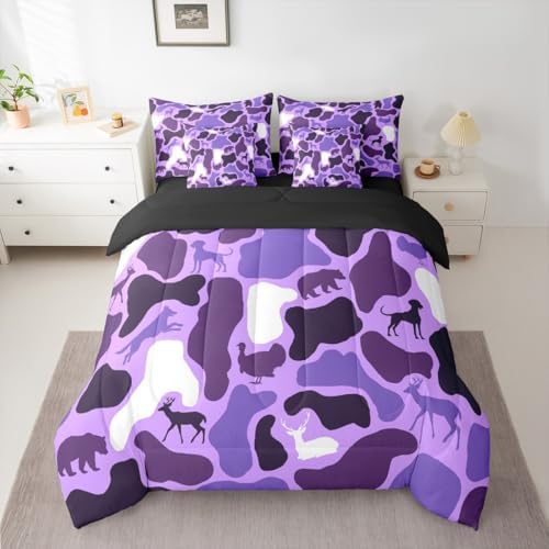 Erosebridal Camo 7 Piece Bedding Set Full Wolf Deer Comforter Set with Sheets Retro Hound Turkey Bear Theme Bed in a Bag Army Purple Camouflage Woods for Kids Boys Girls