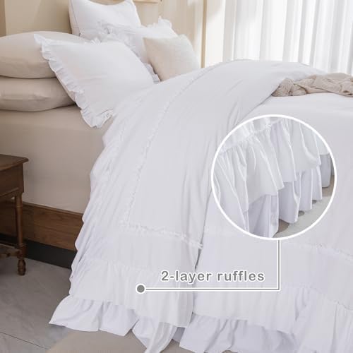 Masaca Oversized King Comforter 128x120,Bright White Shabby Boho Chic Farmhouse Bedding Comforter with Ruffles,Vintage Lightweight and Soft French Country Rustic Extra Large King Bedding Set 3 Pieces