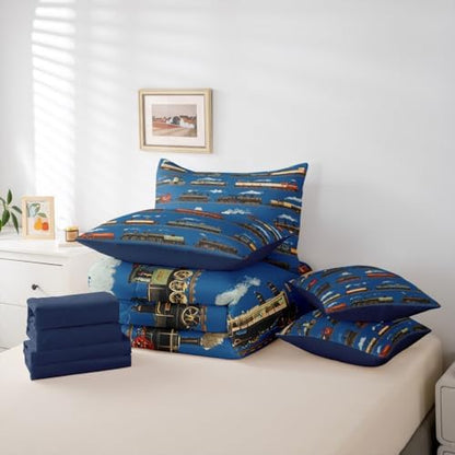 Feelyou Vintage Train Comforter Set with Sheets 7 Piece Queen Size Steam Engine Train Bedding Set for Kids Boys Girls Retro Transport Vehicle Bed in a Bag Room Decor Soft Lightweight Microfiber