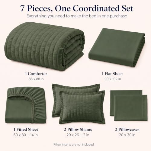 CozyLux Queen Comforter Set, 7 Pieces Dark Green Seersucker Bed in a Bag