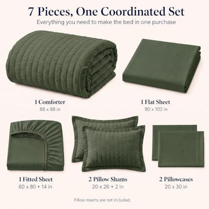 CozyLux Queen Comforter Set, 7 Pieces Dark Green Seersucker Bed in a Bag